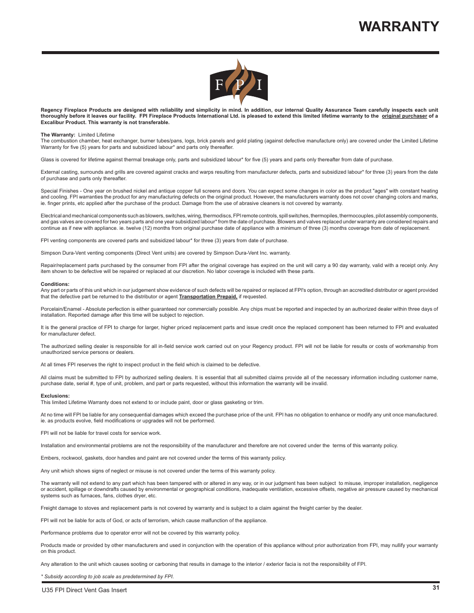 Warranty | Regency Gas Insert U35-NG1 User Manual | Page 31 / 32