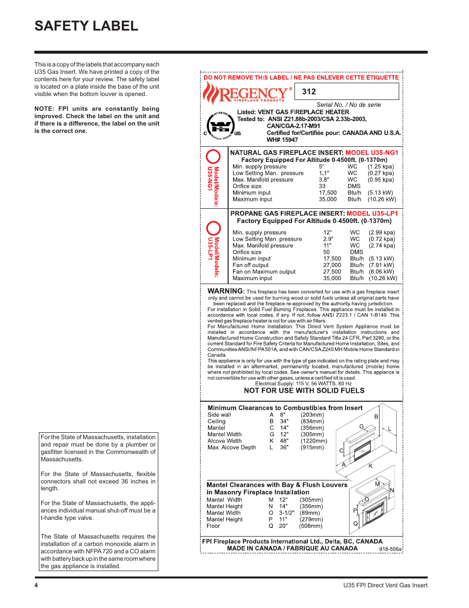 Safety label | Regency Gas Insert U35-NG1 User Manual | Page 4 / 32