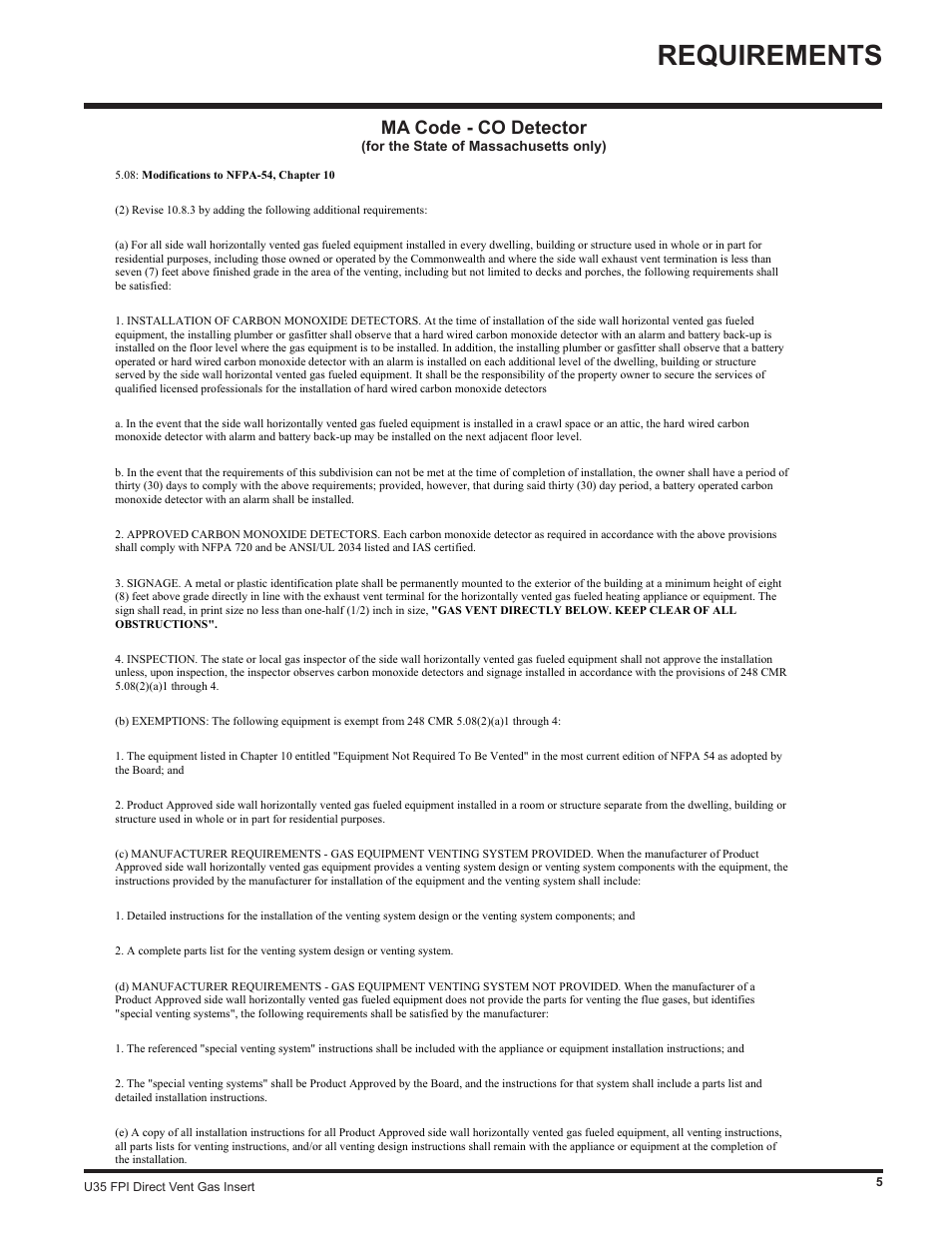 Requirements, Ma code - co detector | Regency Gas Insert U35-NG1 User Manual | Page 5 / 32