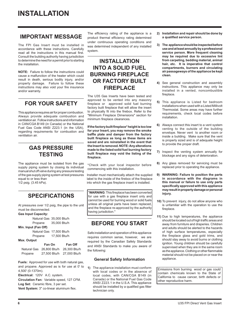 Installation, Important message, For your safety | Gas pressure testing, Specifications, Before you start | Regency Gas Insert U35-NG1 User Manual | Page 6 / 32