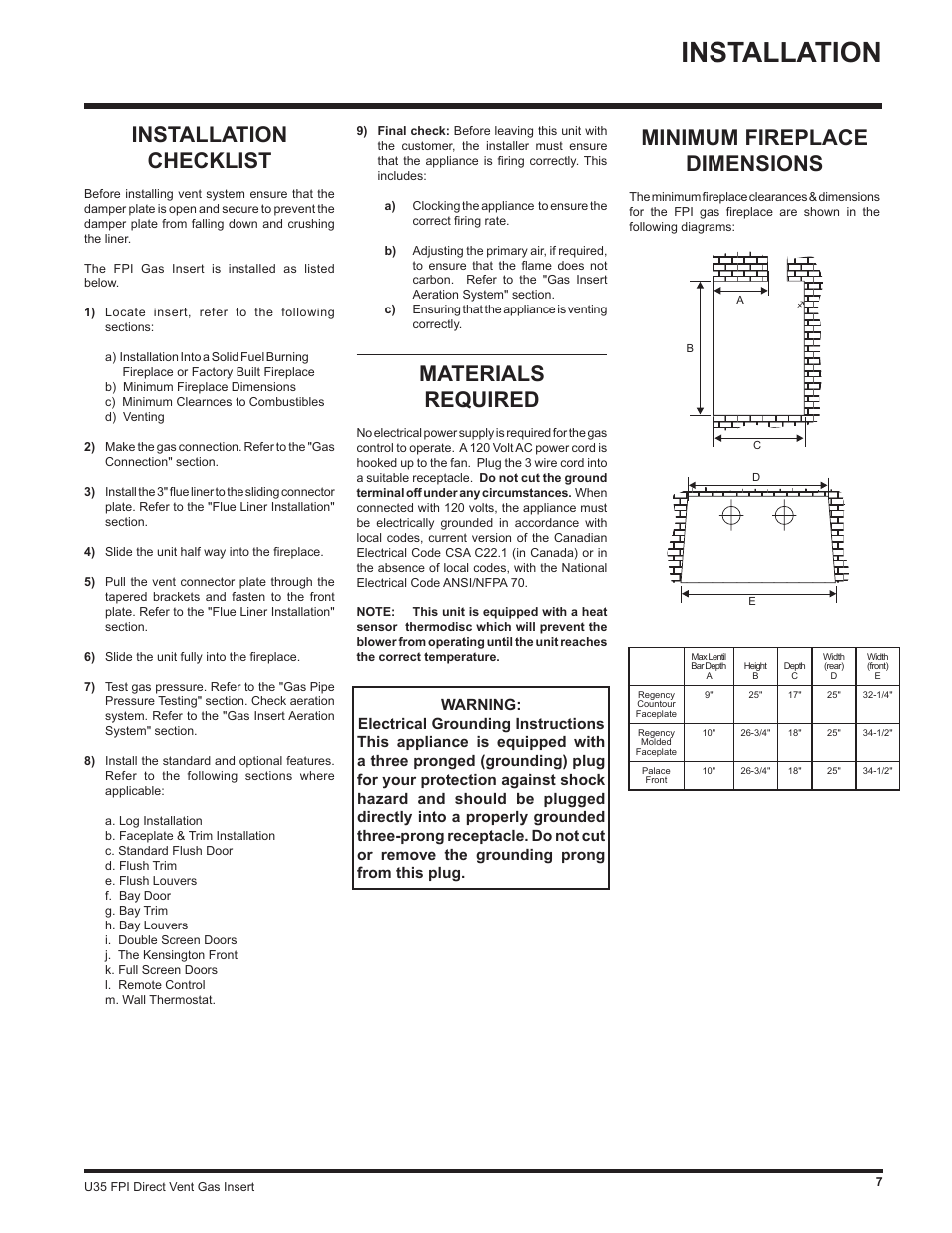 Installation, Materials required, Installation checklist | Minimum fireplace dimensions | Regency Gas Insert U35-NG1 User Manual | Page 7 / 32