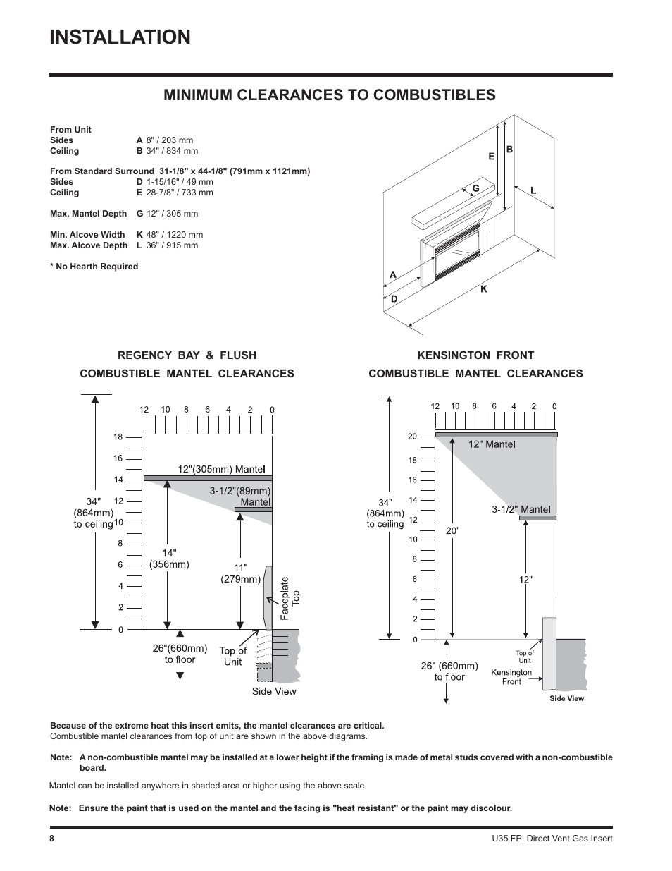 Installation, Minimum clearances to combustibles | Regency Gas Insert U35-NG1 User Manual | Page 8 / 32