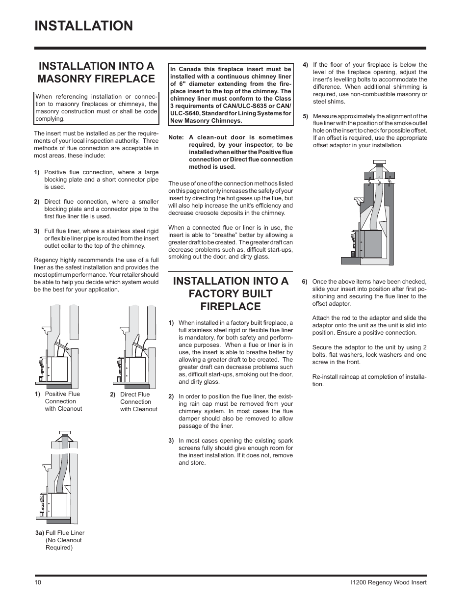 Installation, Installation into a factory built fireplace, Installation into a masonry fireplace | Regency WOOD INSERT I1200S User Manual | Page 10 / 24
