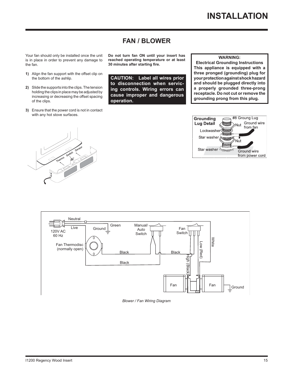 Installation, Fan / blower | Regency WOOD INSERT I1200S User Manual | Page 15 / 24