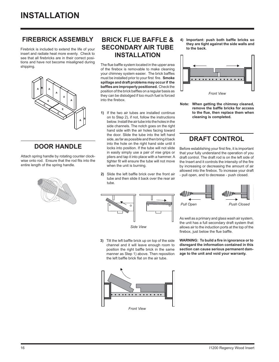 Installation, Firebrick assembly, Door handle | Draft control | Regency WOOD INSERT I1200S User Manual | Page 16 / 24