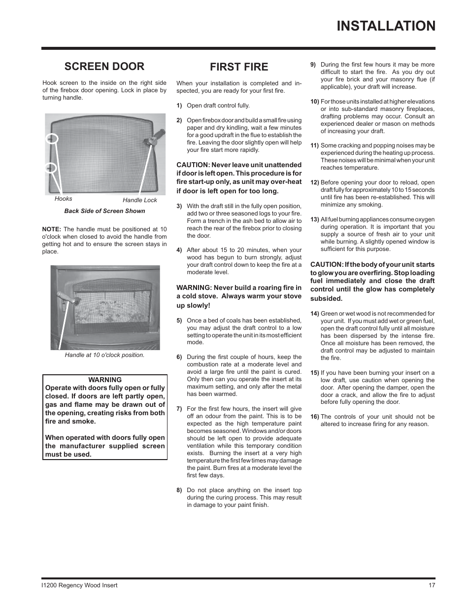 Installation, First fire, Screen door | Regency WOOD INSERT I1200S User Manual | Page 17 / 24