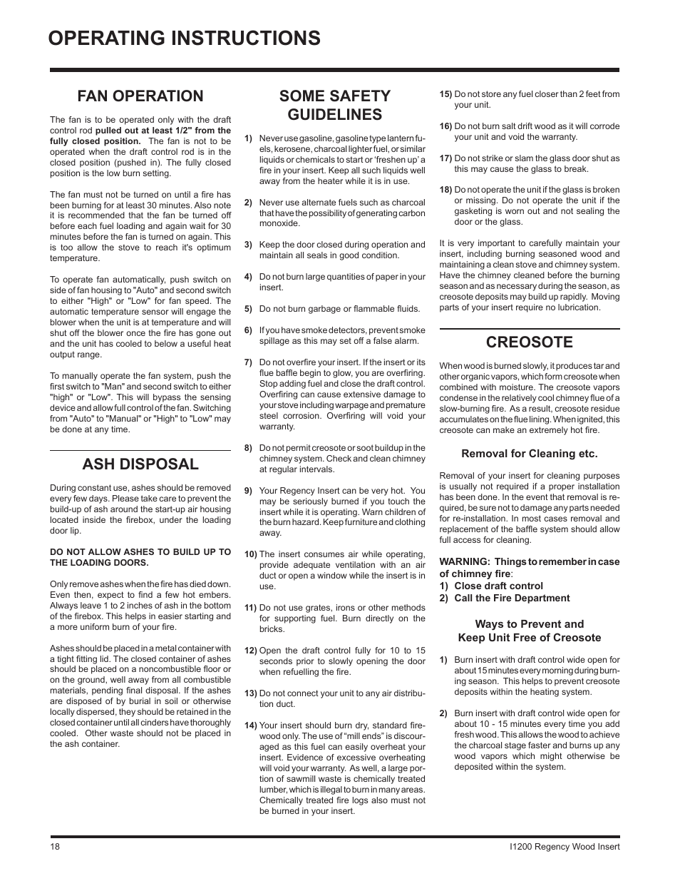 Operating instructions, Creosote, Fan operation | Ash disposal, Some safety guidelines | Regency WOOD INSERT I1200S User Manual | Page 18 / 24