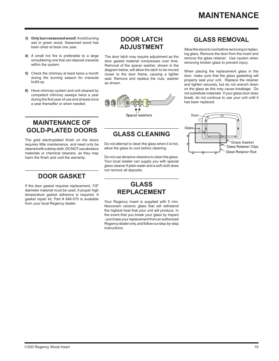 Maintenance, Maintenance of gold-plated doors, Door gasket | Door latch adjustment, Glass cleaning, Glass replacement, Glass removal | Regency WOOD INSERT I1200S User Manual | Page 19 / 24
