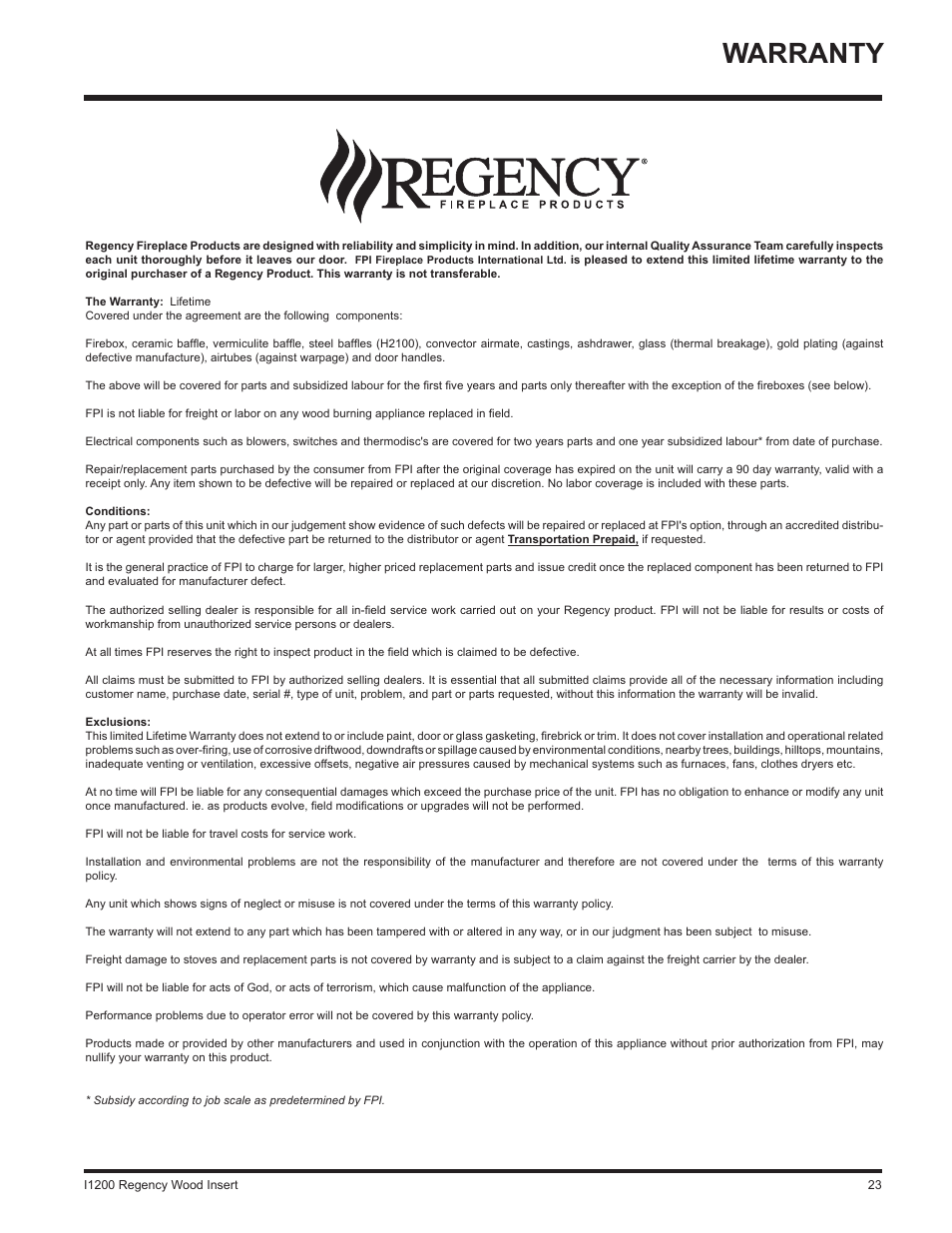 Warranty | Regency WOOD INSERT I1200S User Manual | Page 23 / 24