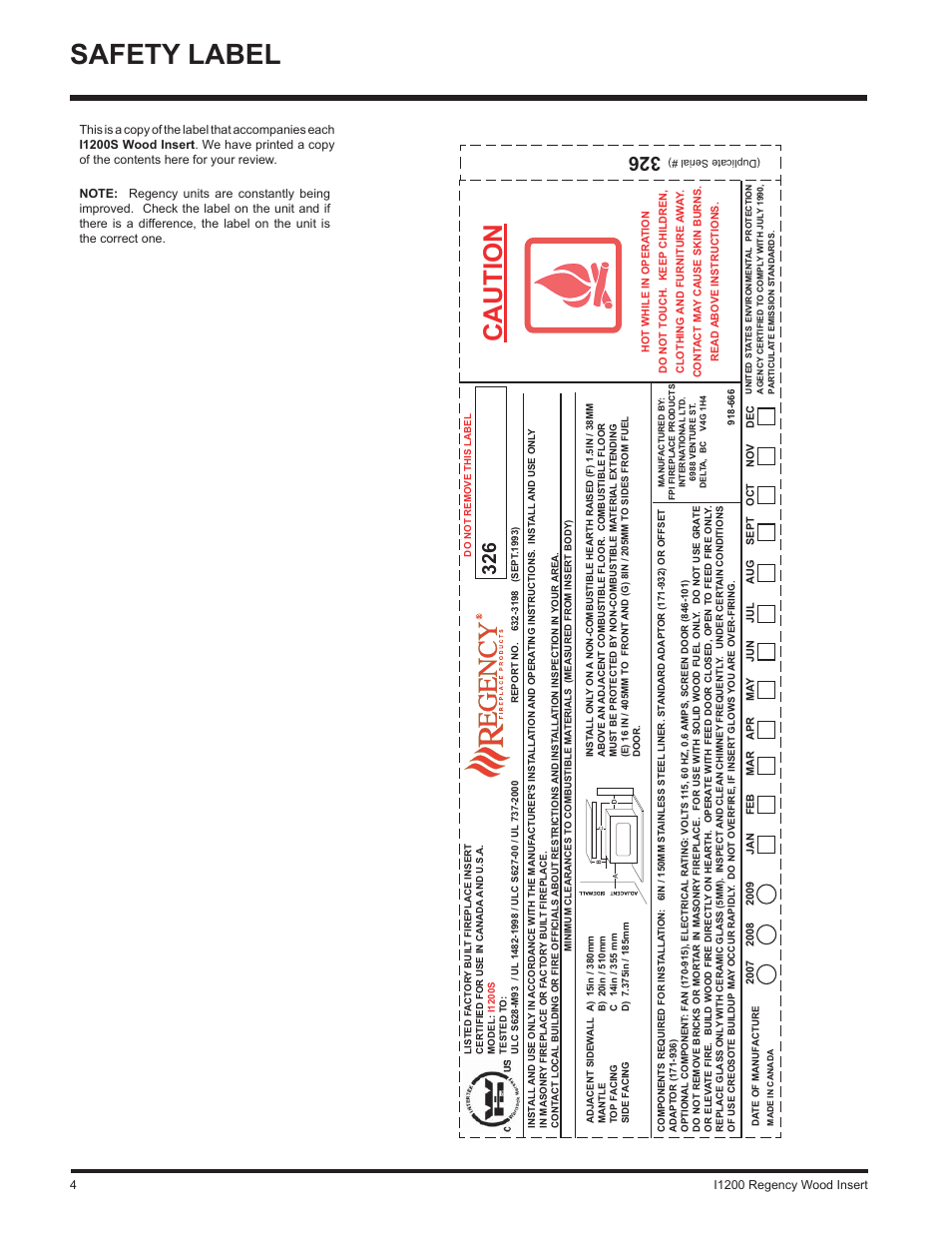 Safety label, Caution | Regency WOOD INSERT I1200S User Manual | Page 4 / 24