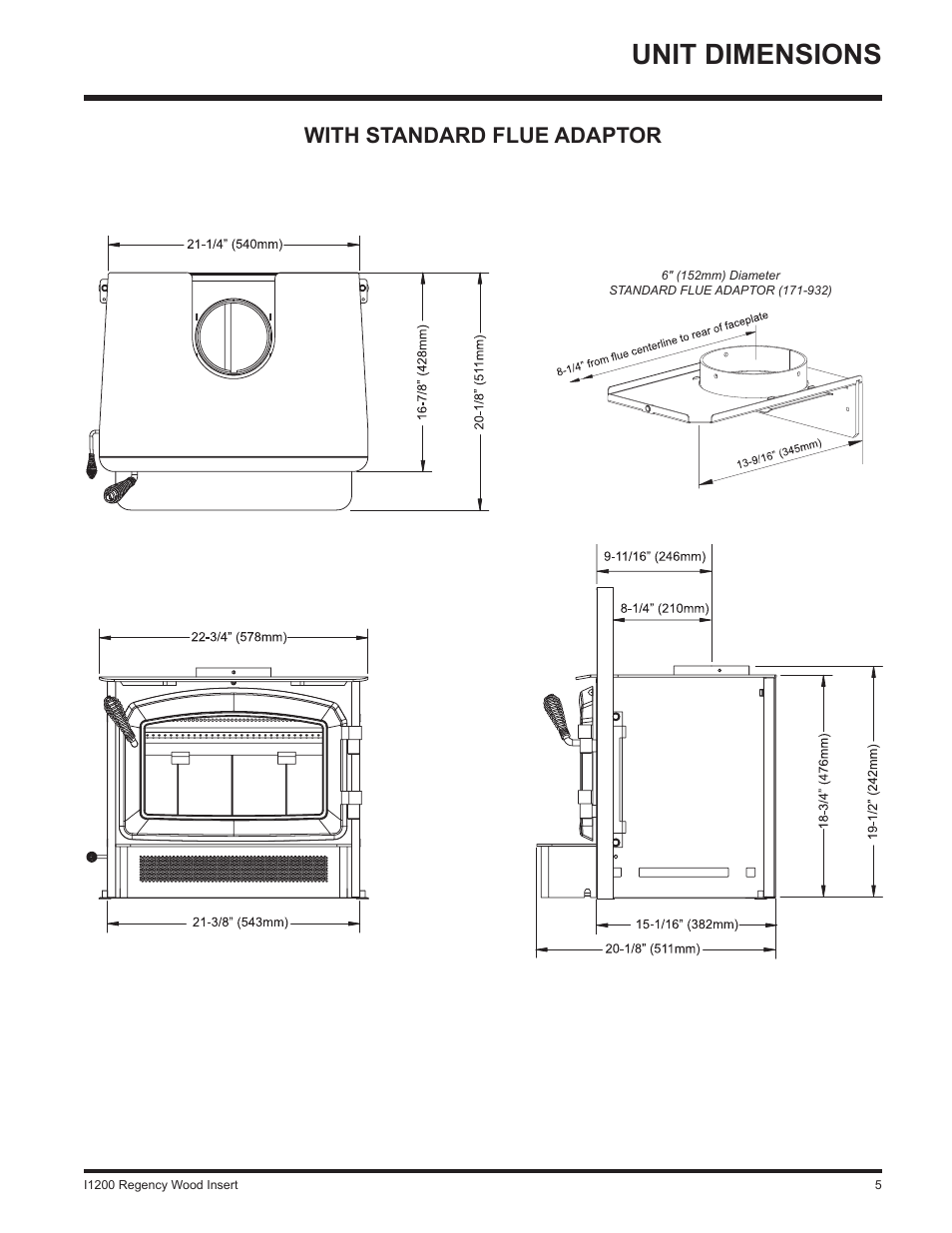 Unit dimensions, With standard flue adaptor | Regency WOOD INSERT I1200S User Manual | Page 5 / 24