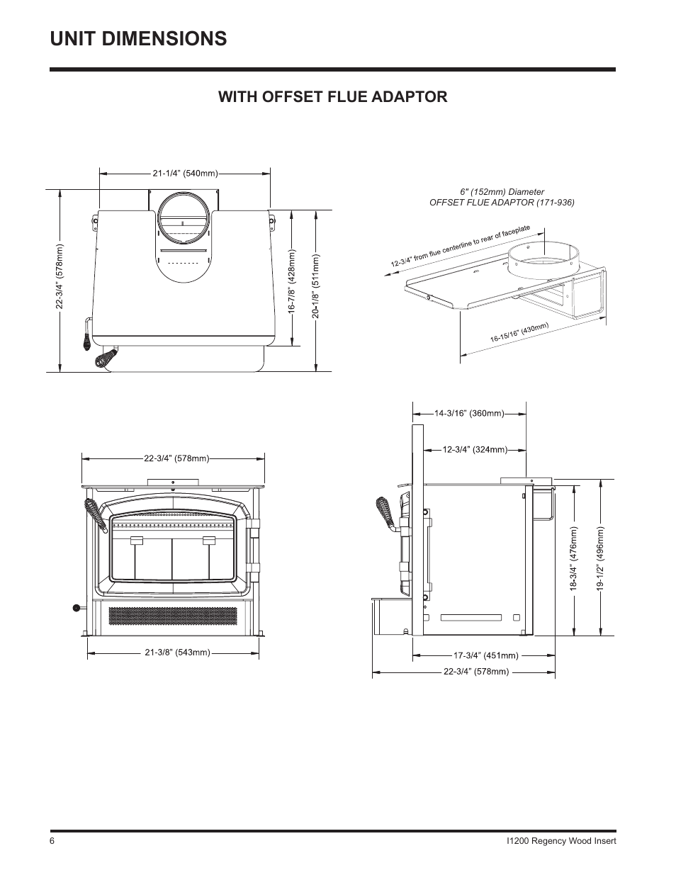 Unit dimensions, With offset flue adaptor | Regency WOOD INSERT I1200S User Manual | Page 6 / 24