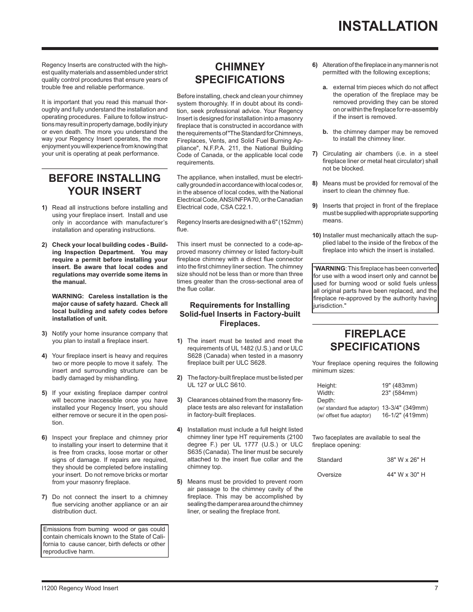 Installation, Chimney specifications, Before installing your insert | Fireplace specifications | Regency WOOD INSERT I1200S User Manual | Page 7 / 24