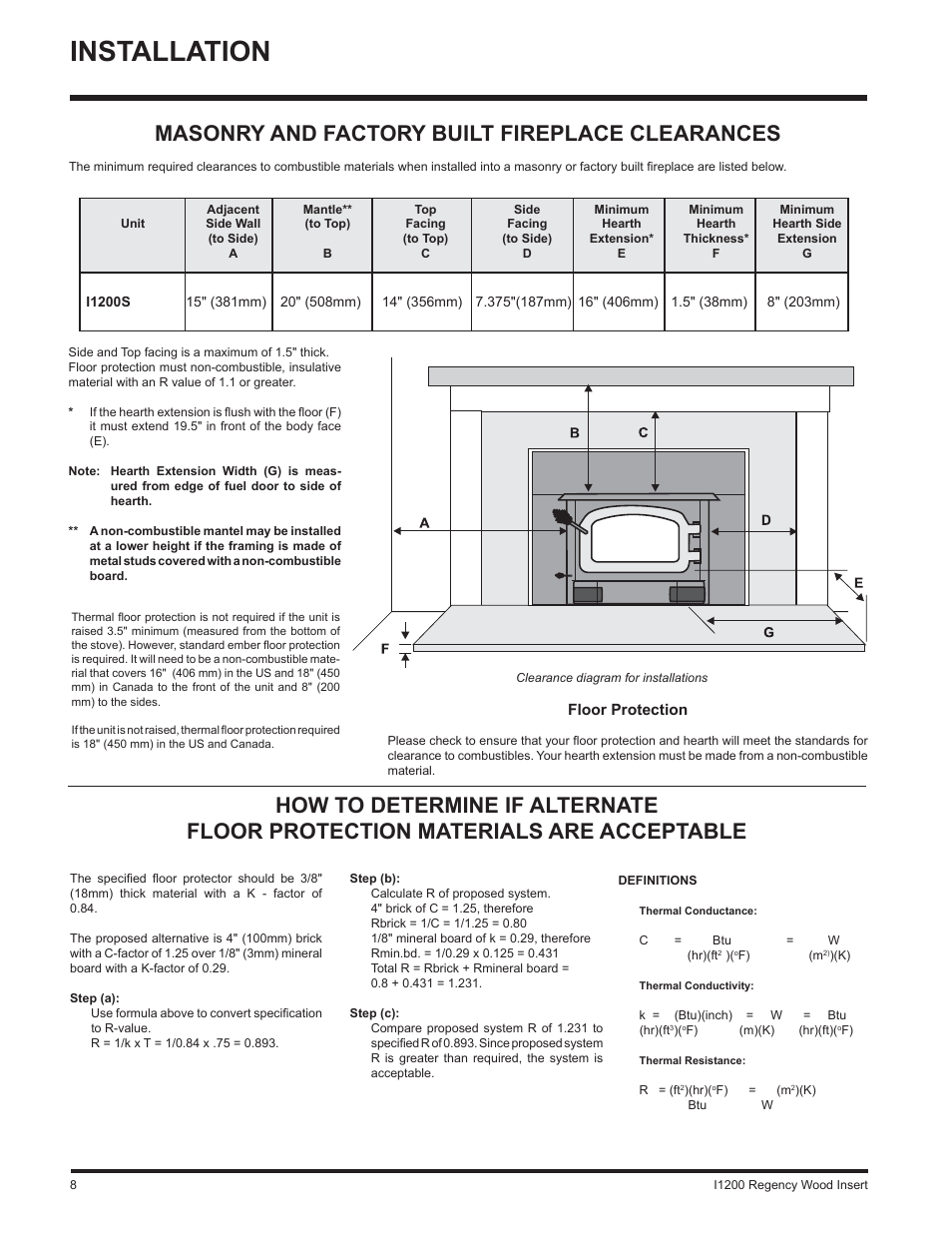 Installation, Masonry and factory built fireplace clearances | Regency WOOD INSERT I1200S User Manual | Page 8 / 24