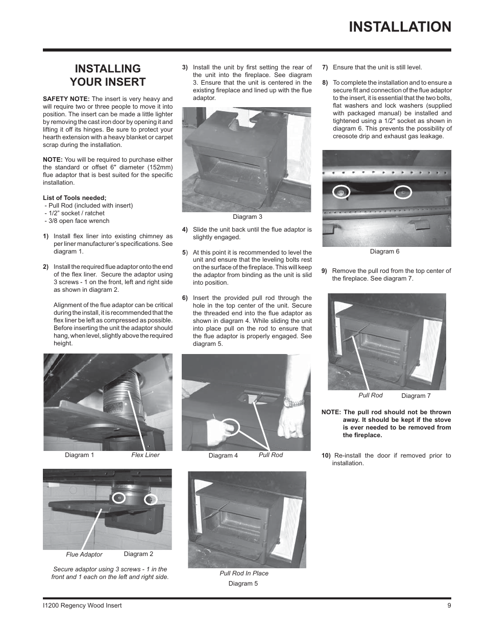Installation, Installing your insert | Regency WOOD INSERT I1200S User Manual | Page 9 / 24