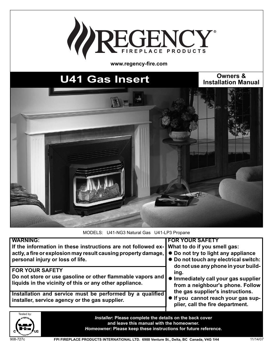 Regency U41 GAS INSERT U41-LP3 User Manual | 24 pages