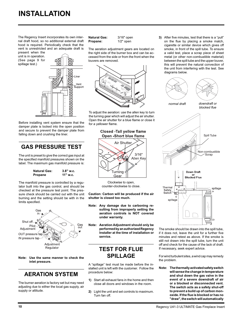 Installation, Gas pressure test, Aeration system | Test for flue spillage | Regency U41 GAS INSERT U41-LP3 User Manual | Page 10 / 24
