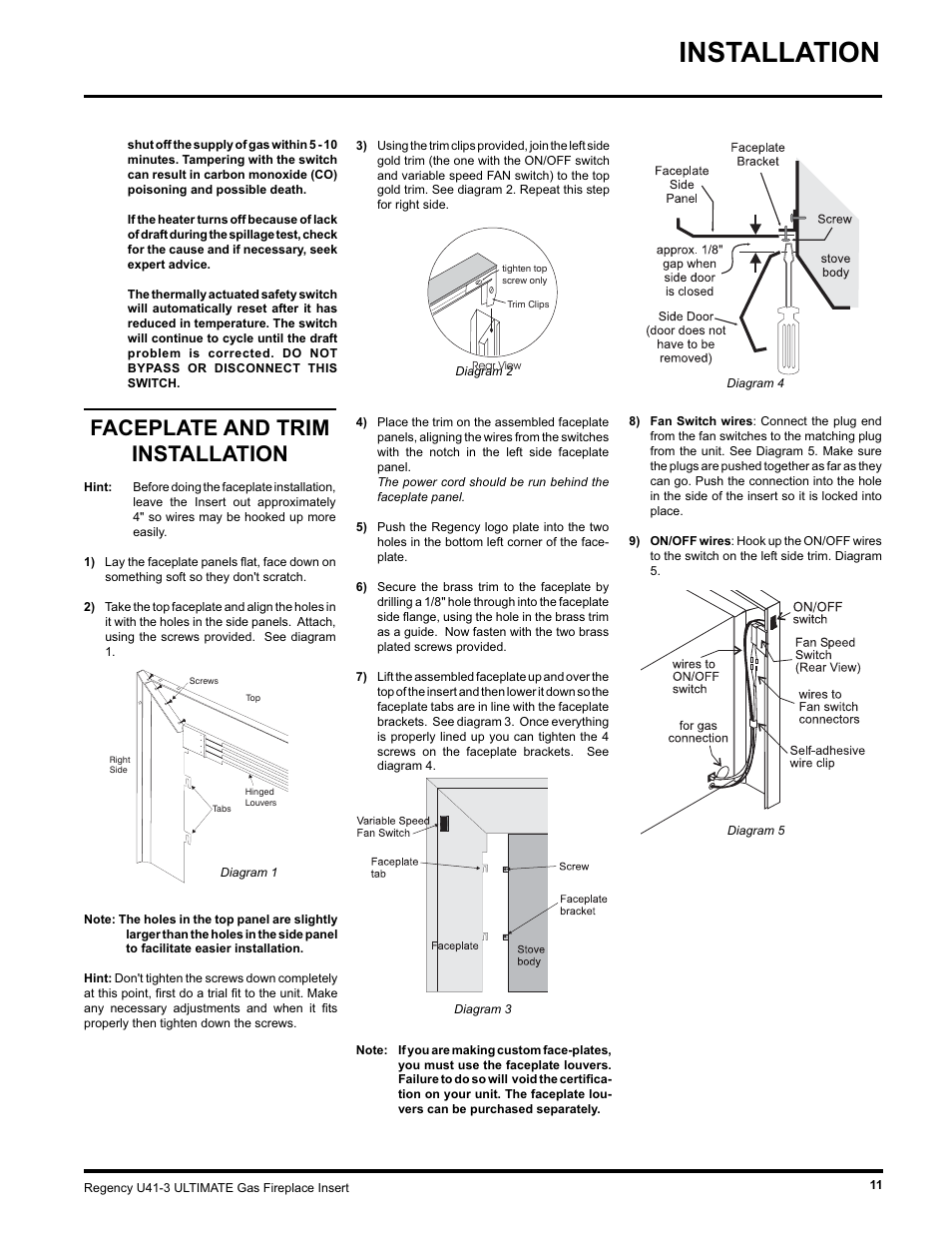 Installation, Faceplate and trim installation | Regency U41 GAS INSERT U41-LP3 User Manual | Page 11 / 24