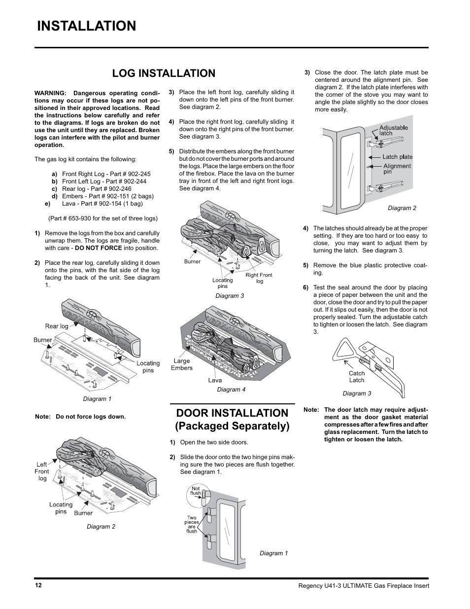 Installation, Door installation (packaged separately), Log installation | Regency U41 GAS INSERT U41-LP3 User Manual | Page 12 / 24