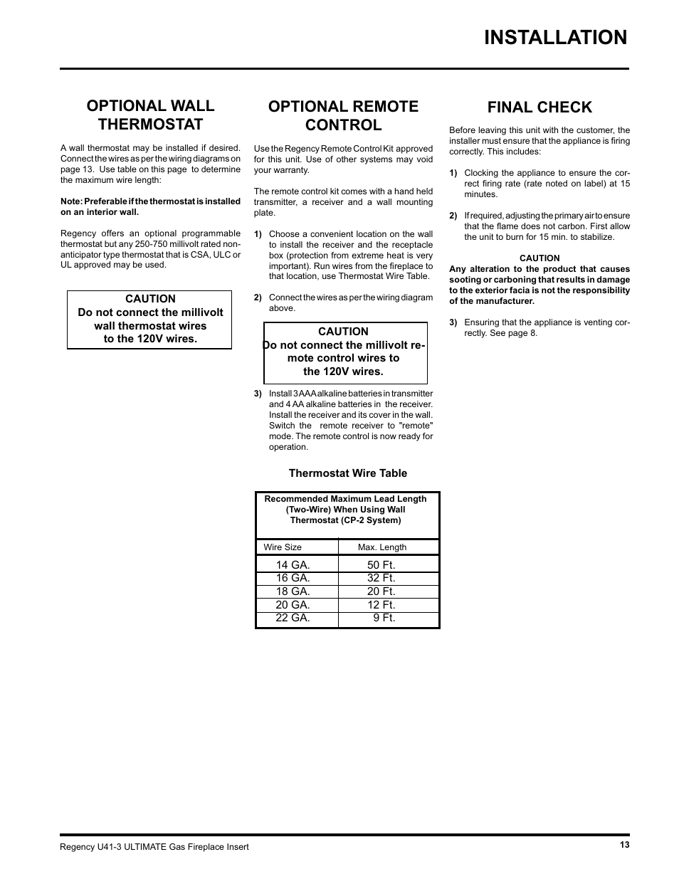 Installation, Optional wall thermostat, Optional remote control | Final check | Regency U41 GAS INSERT U41-LP3 User Manual | Page 13 / 24