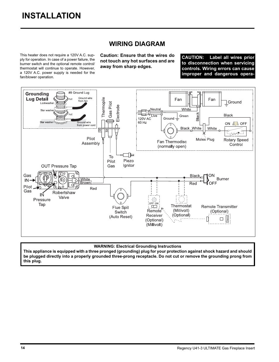 Installation, Wiring diagram | Regency U41 GAS INSERT U41-LP3 User Manual | Page 14 / 24
