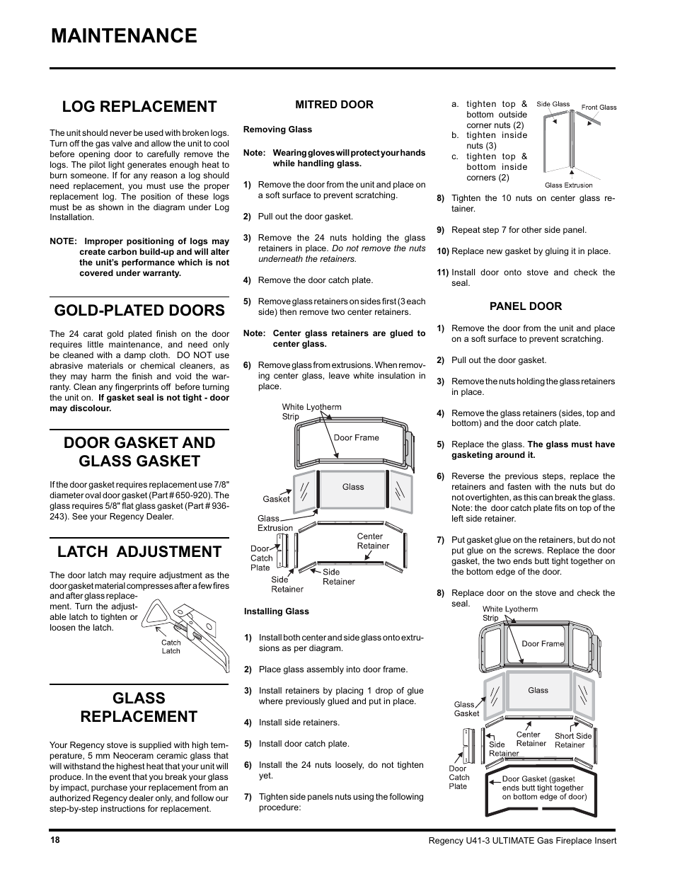 Maintenance, Glass replacement, Log replacement | Gold-plated doors, Door gasket and glass gasket, Latch adjustment | Regency U41 GAS INSERT U41-LP3 User Manual | Page 18 / 24