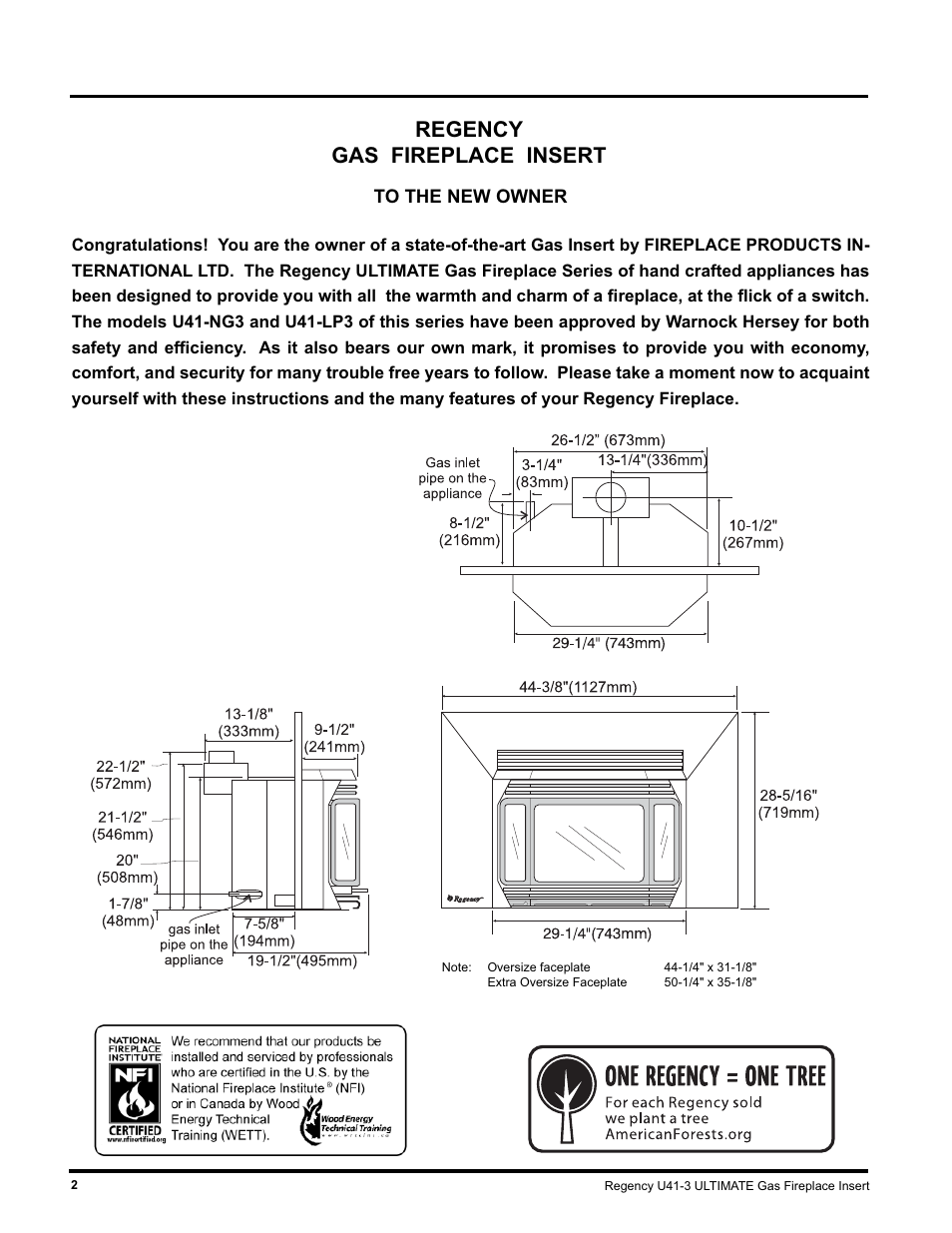Regency gas fireplace insert | Regency U41 GAS INSERT U41-LP3 User Manual | Page 2 / 24