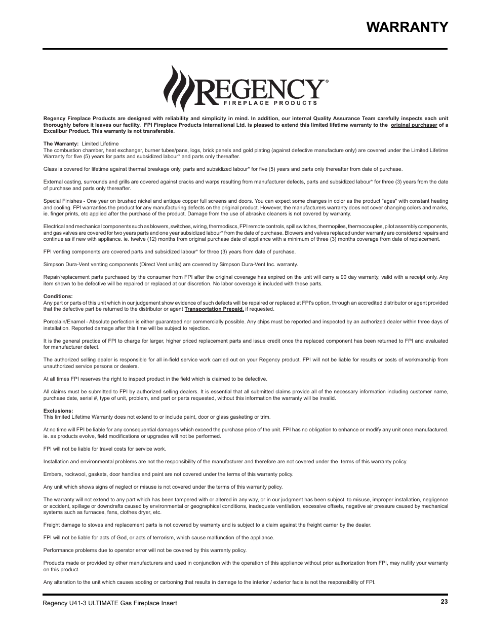 Warranty | Regency U41 GAS INSERT U41-LP3 User Manual | Page 23 / 24