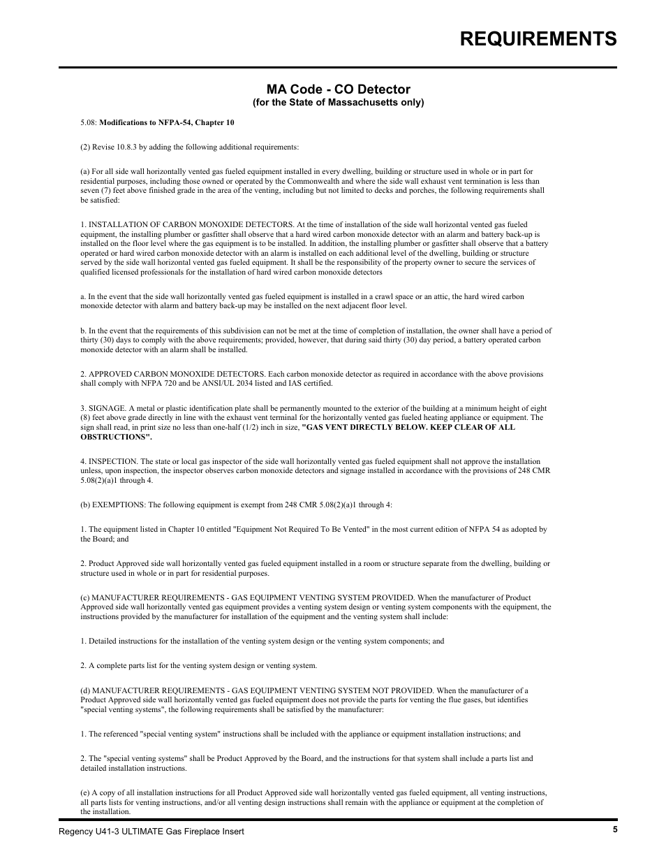 Requirements, Ma code - co detector | Regency U41 GAS INSERT U41-LP3 User Manual | Page 5 / 24