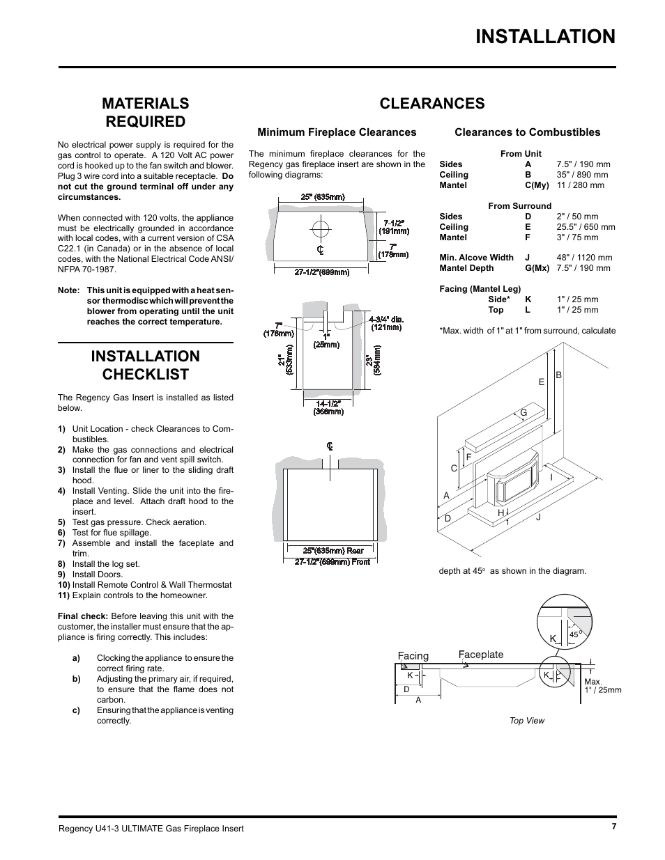 Installation, Materials required, Installation checklist | Clearances | Regency U41 GAS INSERT U41-LP3 User Manual | Page 7 / 24