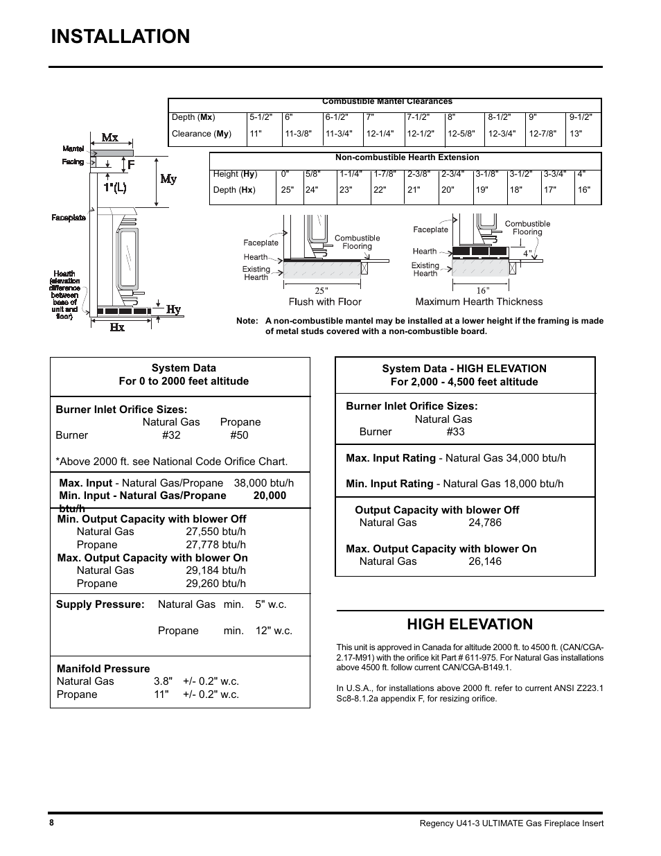 Installation, High elevation | Regency U41 GAS INSERT U41-LP3 User Manual | Page 8 / 24