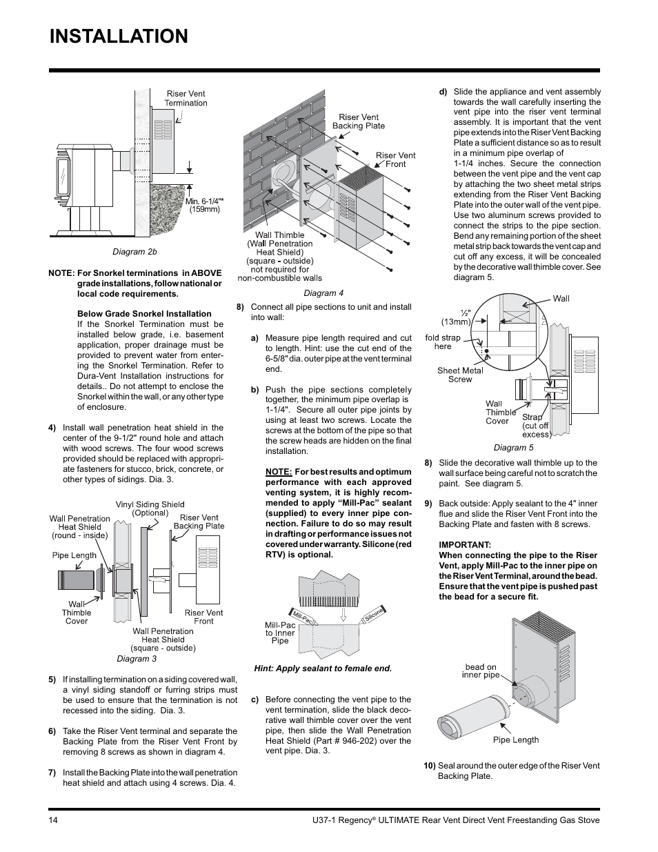 Installation | Regency ULTIMATE U37-LP1 User Manual | Page 14 / 36