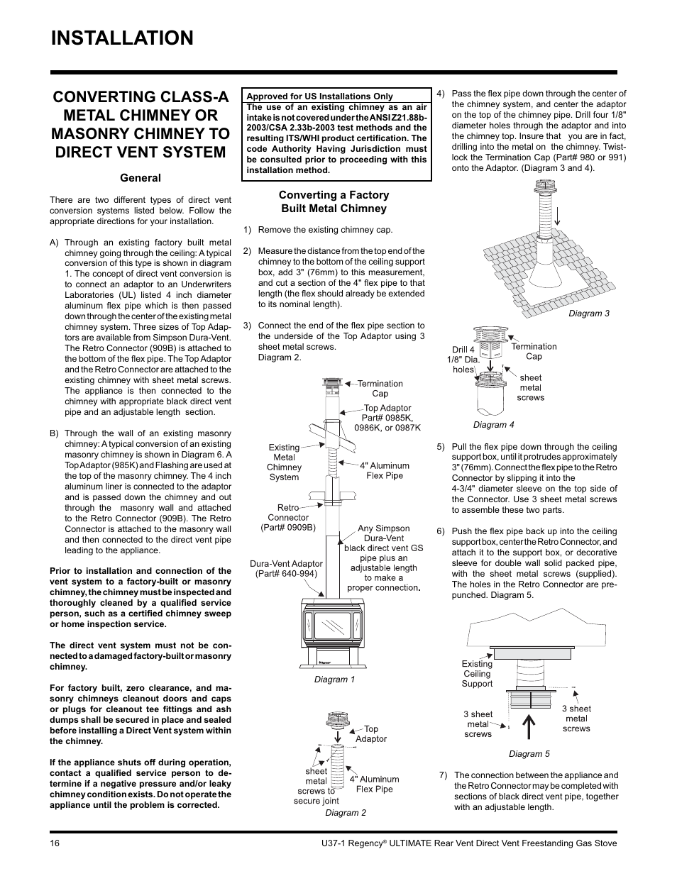 Installation | Regency ULTIMATE U37-LP1 User Manual | Page 16 / 36