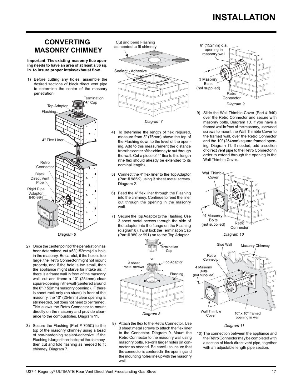 Installation, Converting masonry chimney | Regency ULTIMATE U37-LP1 User Manual | Page 17 / 36