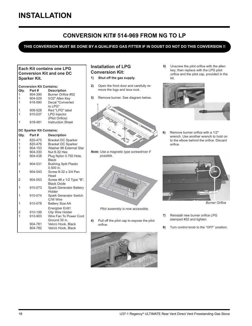 Installation, Installation of lpg conversion kit | Regency ULTIMATE U37-LP1 User Manual | Page 18 / 36