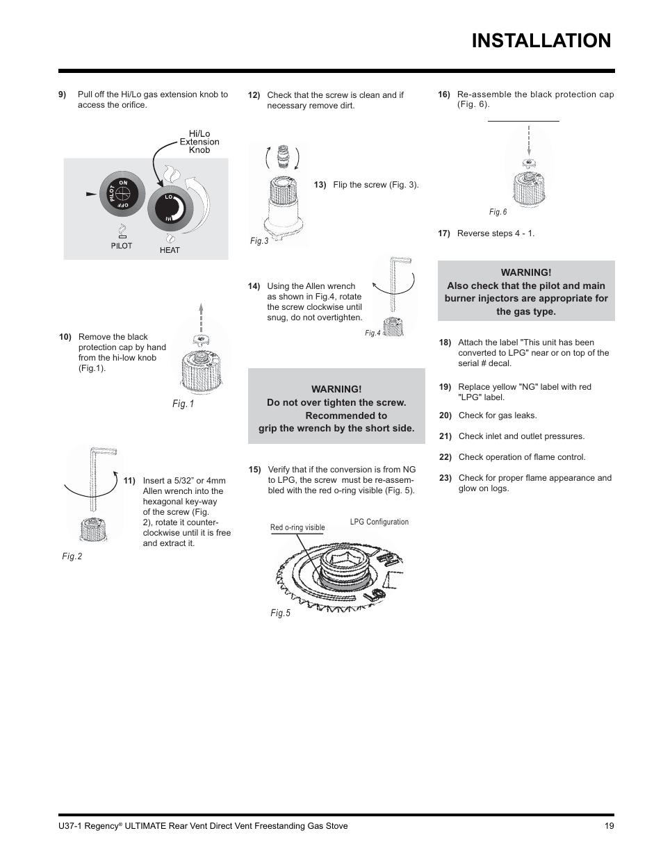 Installation | Regency ULTIMATE U37-LP1 User Manual | Page 19 / 36