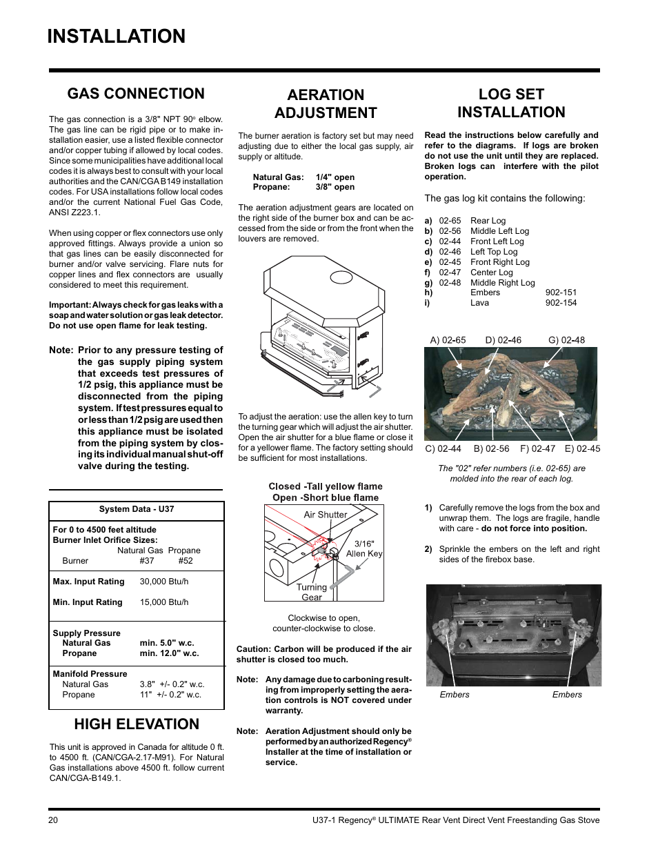 Installation, Aeration adjustment, Log set installation | Gas connection, High elevation | Regency ULTIMATE U37-LP1 User Manual | Page 20 / 36