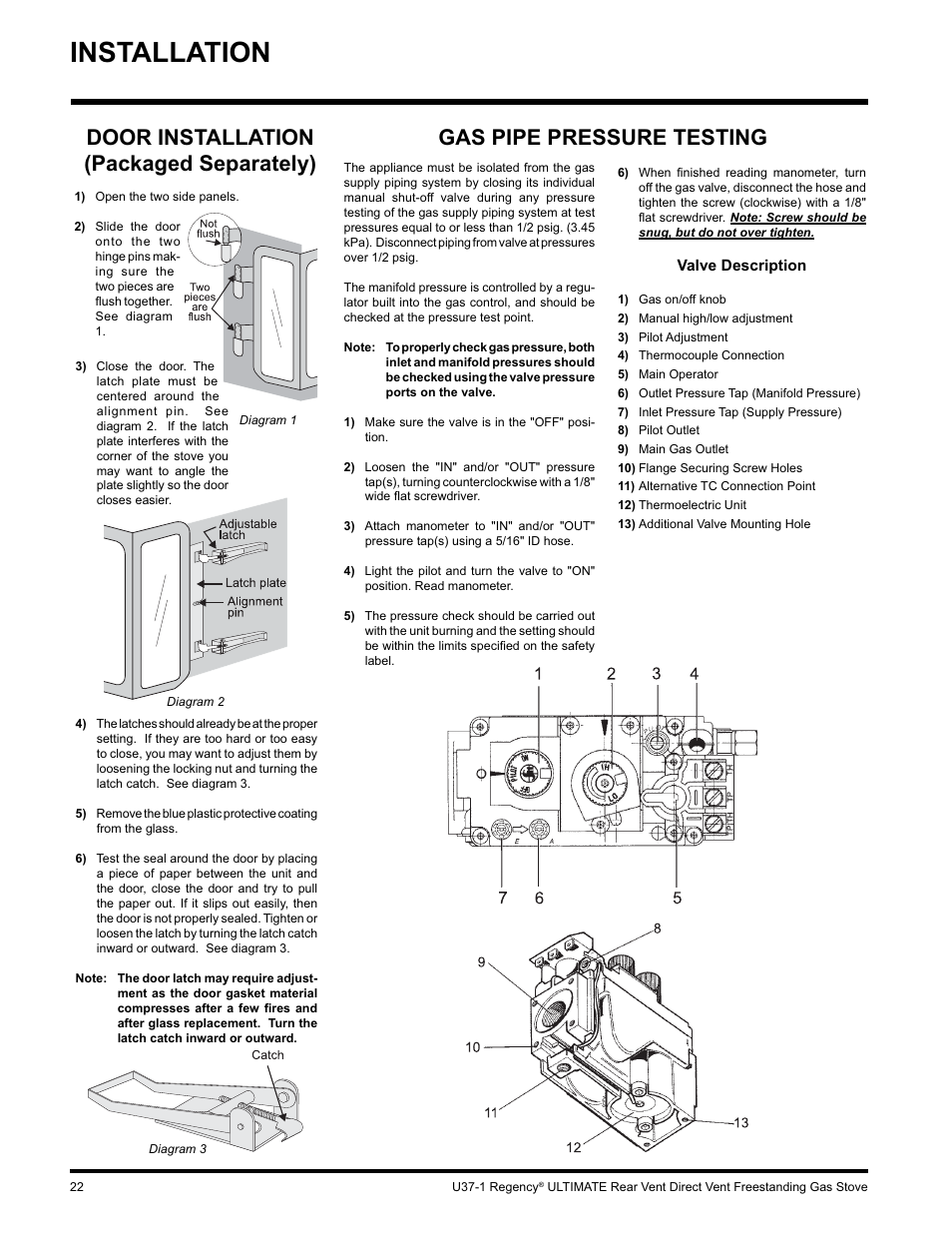 Installation, Gas pipe pressure testing, Door installation (packaged separately) | Regency ULTIMATE U37-LP1 User Manual | Page 22 / 36