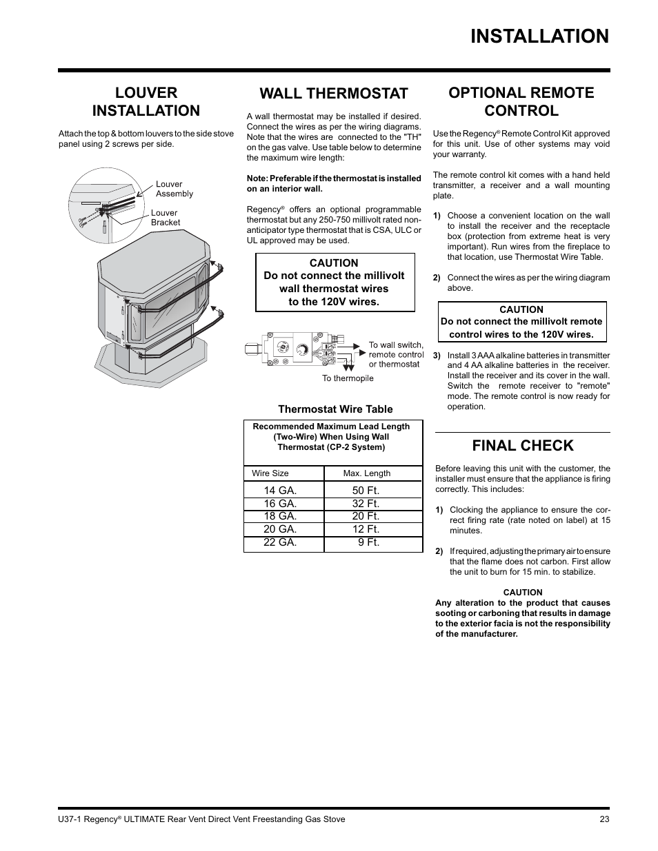 Installation, Wall thermostat, Louver installation | Final check, Optional remote control | Regency ULTIMATE U37-LP1 User Manual | Page 23 / 36