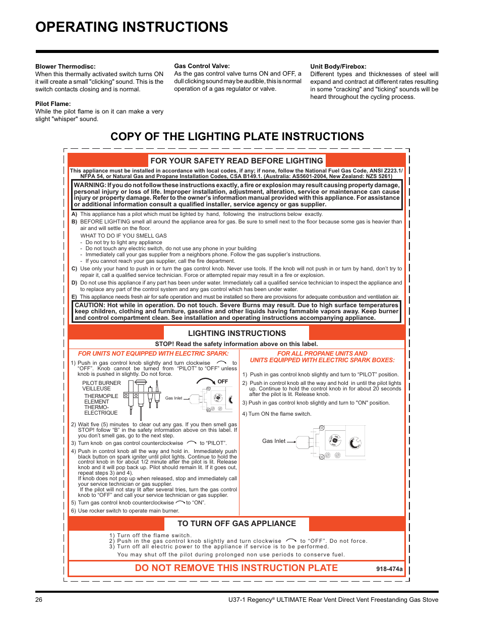 Operating instructions, Copy of the lighting plate instructions, Do not remove this instruction plate | For your safety read before lighting, Lighting instructions to turn off gas appliance | Regency ULTIMATE U37-LP1 User Manual | Page 26 / 36