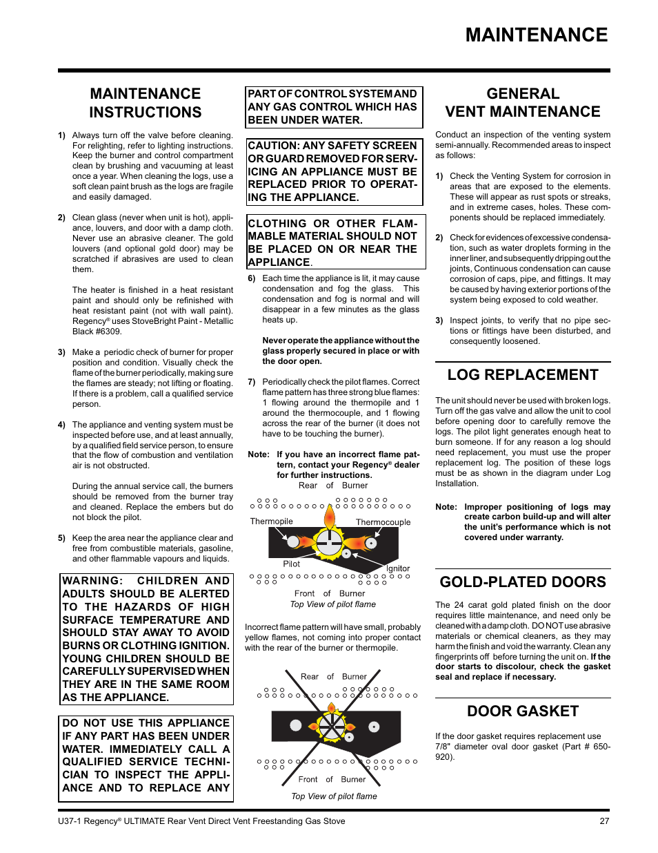 Maintenance, Maintenance instructions, General vent maintenance | Log replacement, Gold-plated doors, Door gasket | Regency ULTIMATE U37-LP1 User Manual | Page 27 / 36