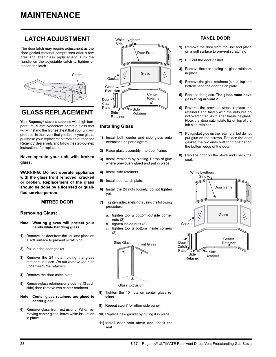 Maintenance, Latch adjustment, Glass replacement | Regency ULTIMATE U37-LP1 User Manual | Page 28 / 36