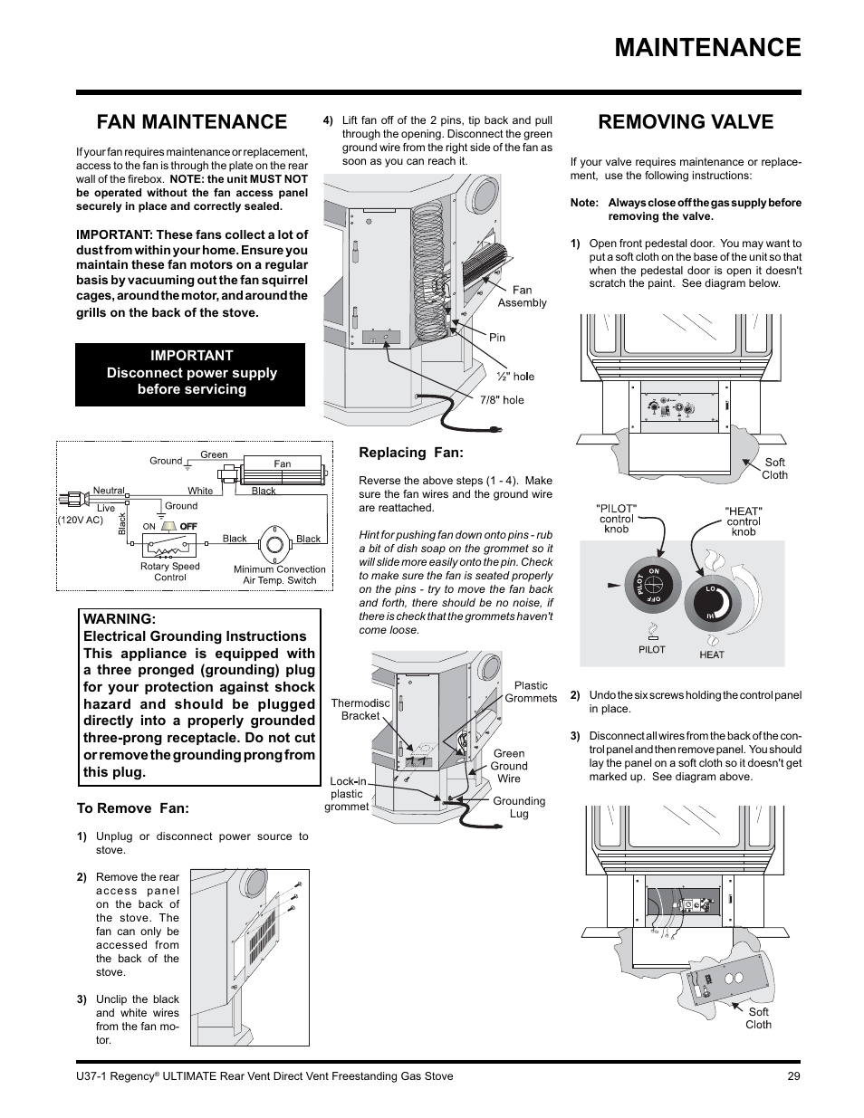 Maintenance, Removing valve, Fan maintenance | Regency ULTIMATE U37-LP1 User Manual | Page 29 / 36