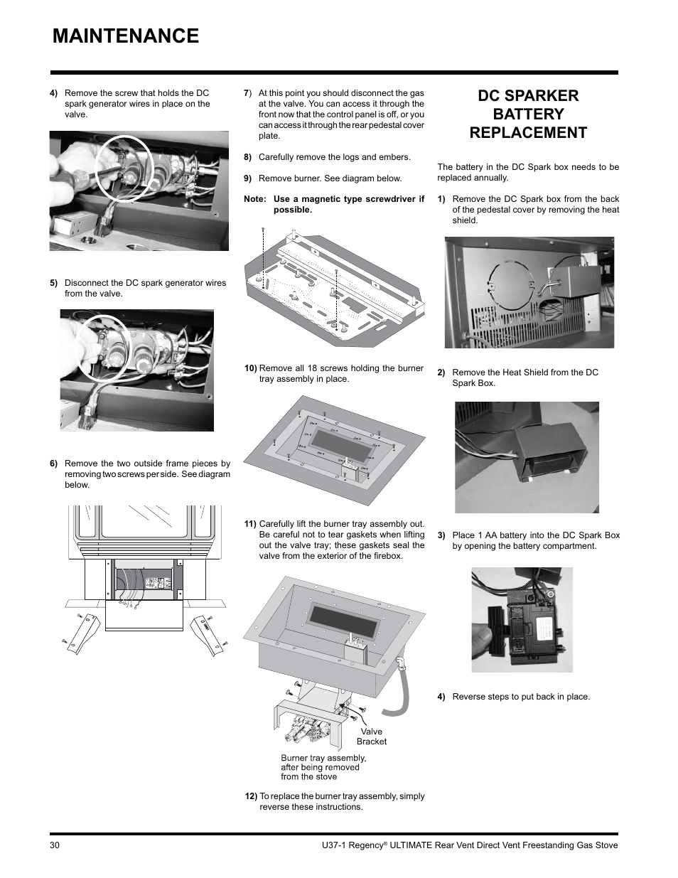 Maintenance, Dc sparker battery replacement | Regency ULTIMATE U37-LP1 User Manual | Page 30 / 36