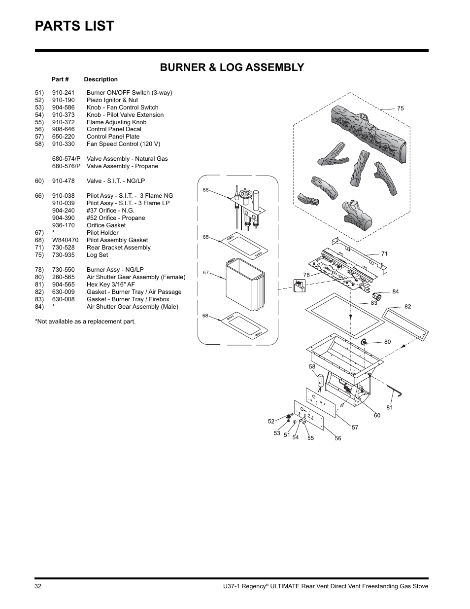 Parts list, Burner & log assembly | Regency ULTIMATE U37-LP1 User Manual | Page 32 / 36