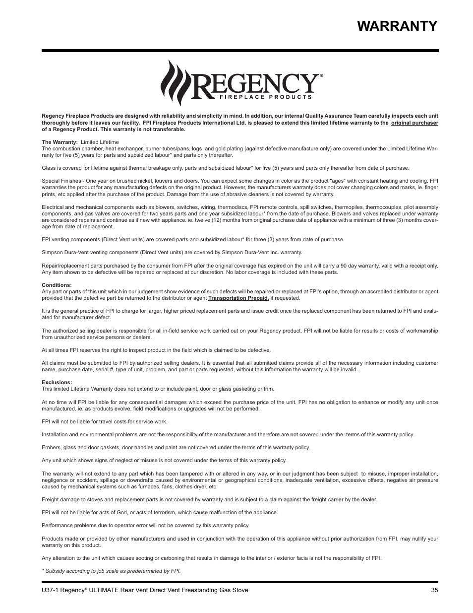 Warranty | Regency ULTIMATE U37-LP1 User Manual | Page 35 / 36