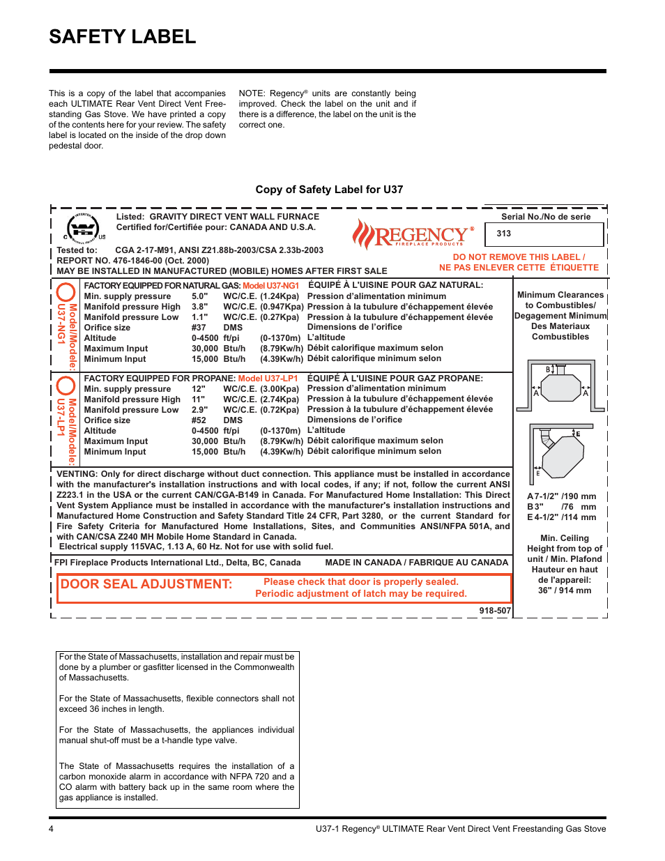 Safety label, Door seal adjustment | Regency ULTIMATE U37-LP1 User Manual | Page 4 / 36