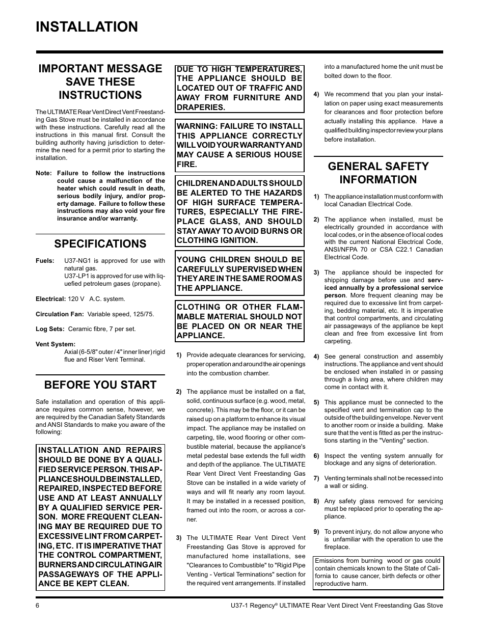 Installation, Important message save these instructions, Specifications | Before you start, General safety information | Regency ULTIMATE U37-LP1 User Manual | Page 6 / 36