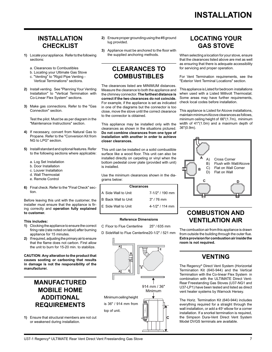 Installation, Combustion and ventilation air, Venting | Installation checklist, Manufactured mobile home additional requirements, Clearances to combustibles, Locating your gas stove | Regency ULTIMATE U37-LP1 User Manual | Page 7 / 36