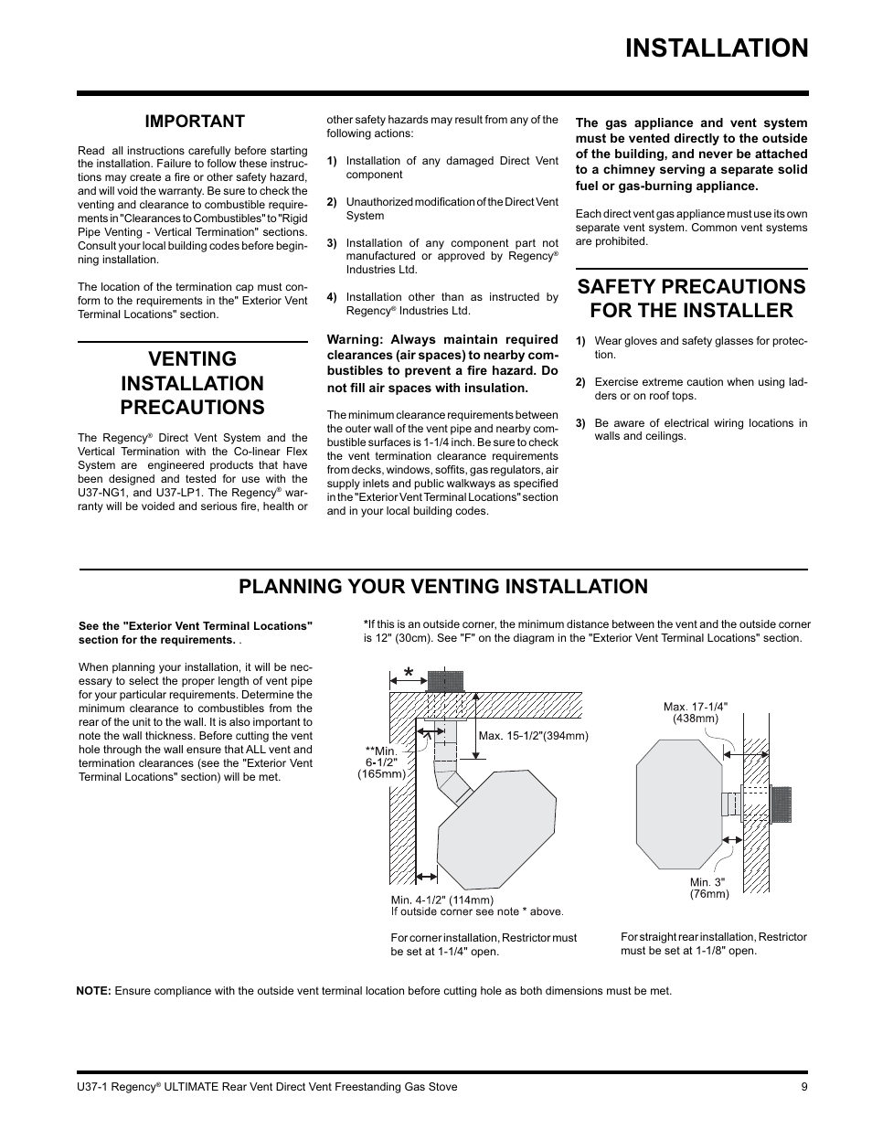 Installation, Planning your venting installation, Venting installation precautions | Safety precautions for the installer, Important | Regency ULTIMATE U37-LP1 User Manual | Page 9 / 36